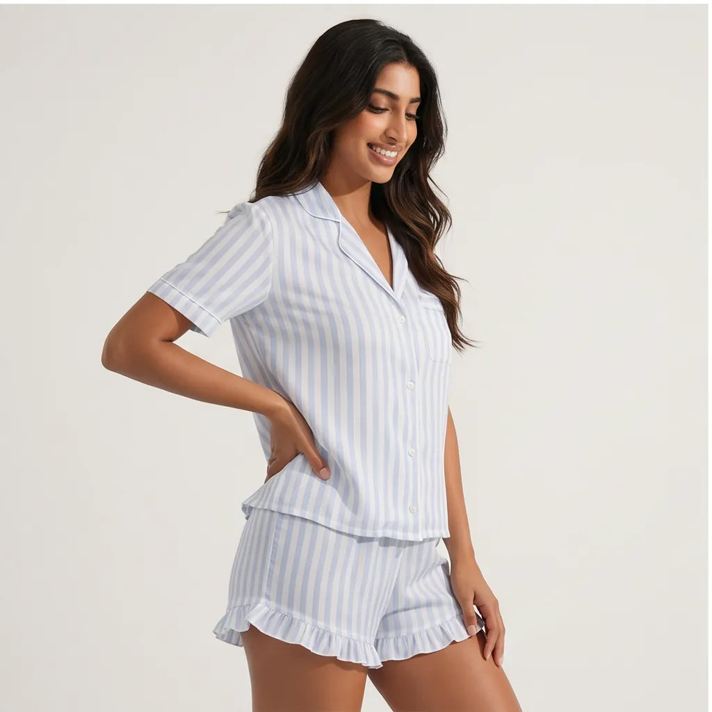 Powder Blue · Half-Sleeve Striped Cotton Short Set